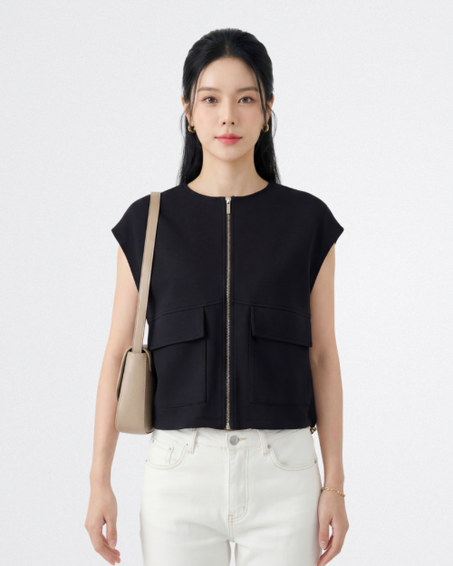Áo Gile Nữ Khóa Kéo Dáng Suông Túi Hộp Thanh Lịch Free Size ARI.TO.ZOU