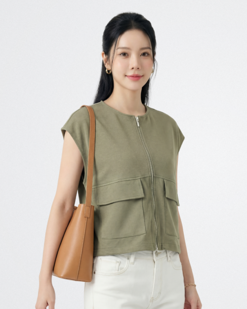 Áo Gile Nữ Khóa Kéo Dáng Suông Túi Hộp Thanh Lịch Free Size ARI.TO.ZOU