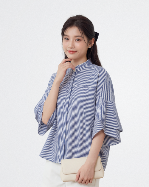 Áo Sơ Mi Nữ Kẻ Cổ Bèo Tay Loe Thanh Lịch Phong Cách Hàn / Nhật Free Size ARI.TO.ZOU