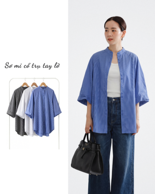 Áo Sơ Mi Nữ Sọc Form Rộng Tay Lỡ Cổ Trụ Thời Trang Hàn/ Nhật Free Size ARI.TO.ZOU